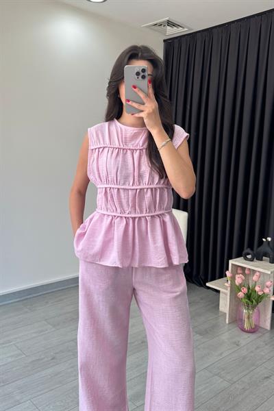 Via Pembe Keten Bluz Pantolon Takım