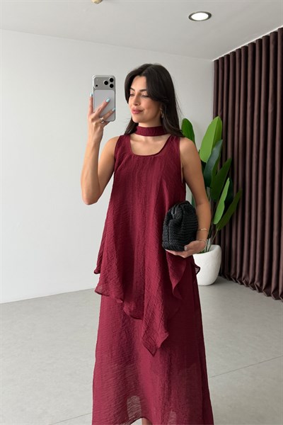 Voe Bordo Şallı Bluz Elbise Takım