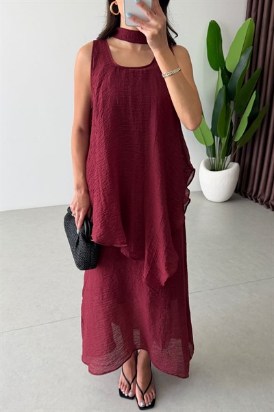 Voe Bordo Şallı Bluz Elbise Takım