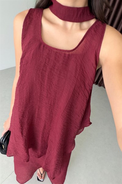 Voe Bordo Şallı Bluz Elbise Takım