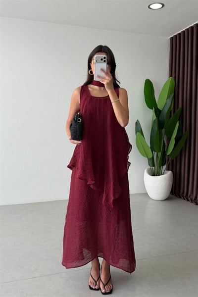 Voe Bordo Şallı Bluz Elbise Takım