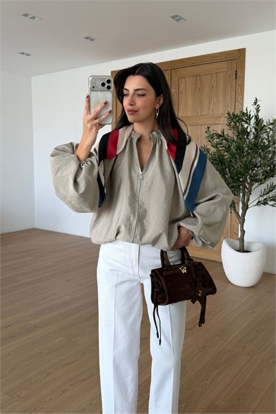 West Bej Fularlı Bomber Ceket