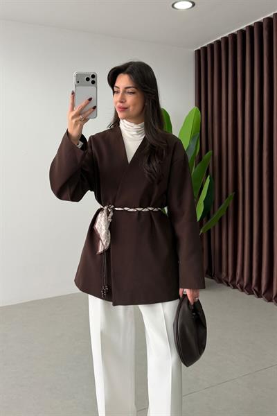 West Kahve Fular Kemerli Blazer