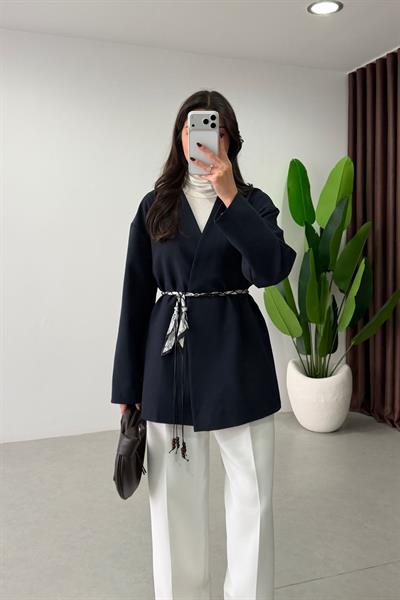 West Lacivert Fular Kemerli Blazer