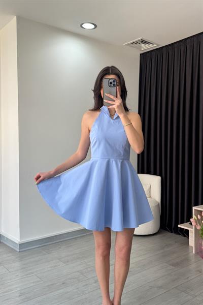 Yaka Detay Bebe Mavisi Poplin Elbise