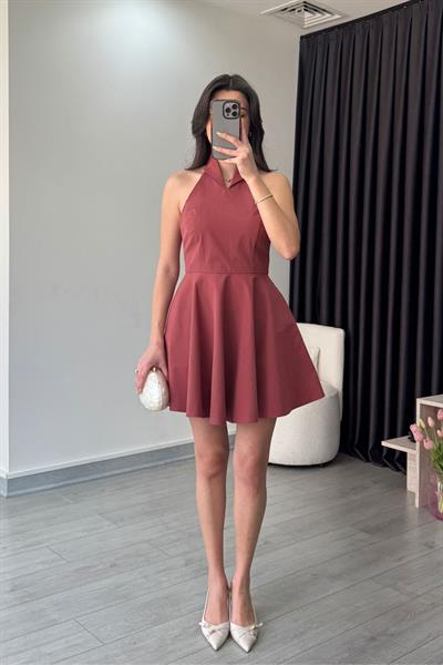 Yaka Detay Kiremit Poplin Elbise