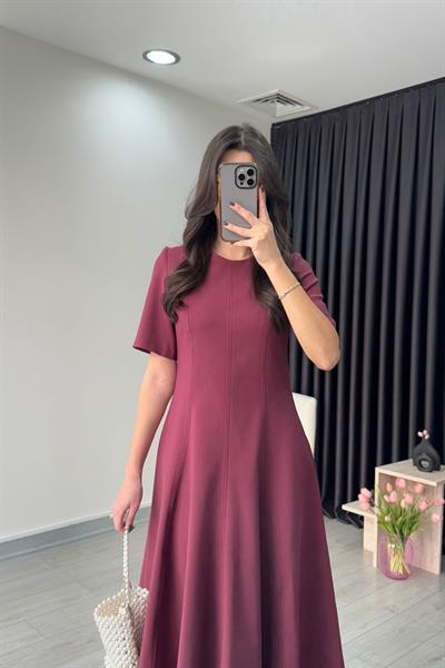 Yarım Kol Mürdüm Kloş Elbise