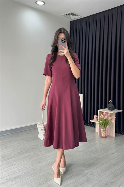 Yarım Kol Mürdüm Kloş Elbise
