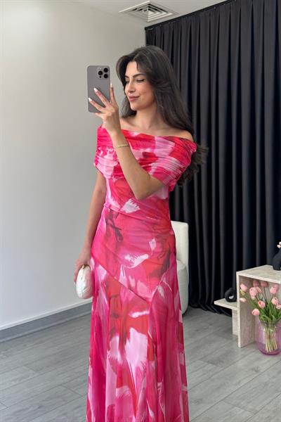 Yena Pembe Omuz Dekolteli Tül Elbise