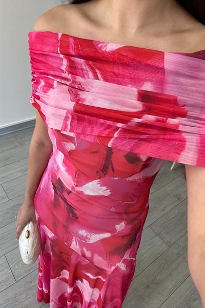 Yena Pembe Omuz Dekolteli Tül Elbise