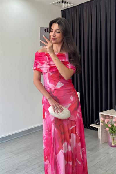 Yena Pembe Omuz Dekolteli Tül Elbise