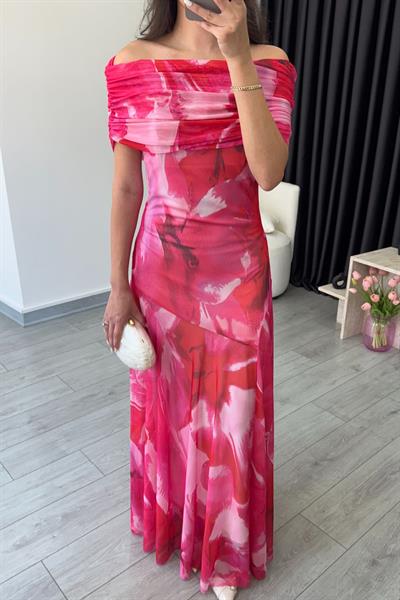 Yena Pembe Omuz Dekolteli Tül Elbise