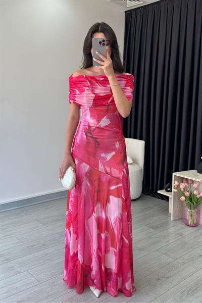 Yena Pembe Omuz Dekolteli Tül Elbise