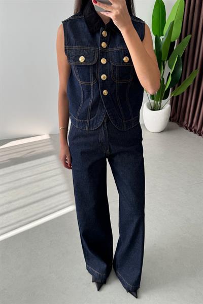 Yulva Kadife Yaka Denim Yelek Pantolon Takım