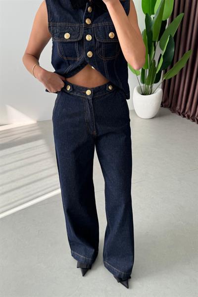 Yulva Kadife Yaka Denim Yelek Pantolon Takım