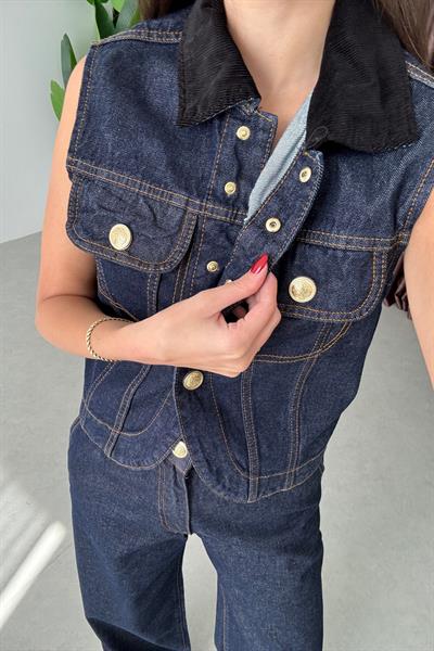 Yulva Kadife Yaka Denim Yelek Pantolon Takım