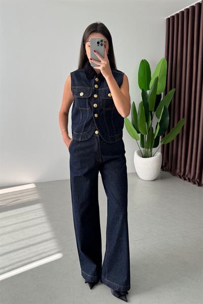 Yulva Kadife Yaka Denim Yelek Pantolon Takım