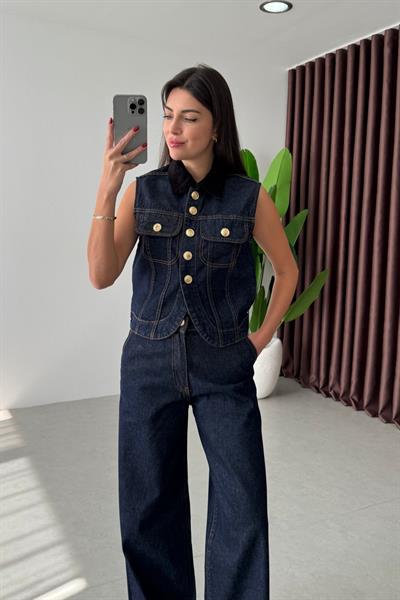 Yulva Kadife Yaka Denim Yelek Pantolon Takım
