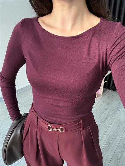 Yumuşak Dokulu Bordo Kayık Yaka Body