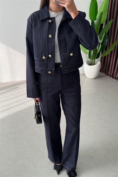 Zaye Gold Düğme Detay Denim Takım