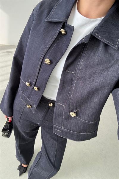 Zaye Gold Düğme Detay Denim Takım