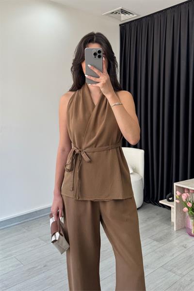 Zely Kahve Kruvaze Keten Dokulu Takım