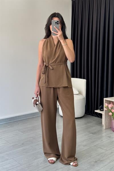 Zely Kahve Kruvaze Keten Dokulu Takım