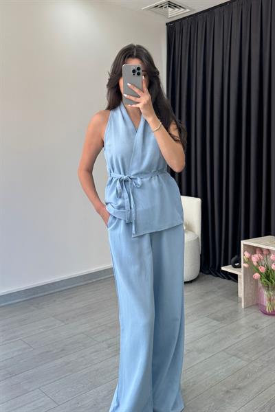 Zely Mavi Kruvaze Keten Dokulu Takım