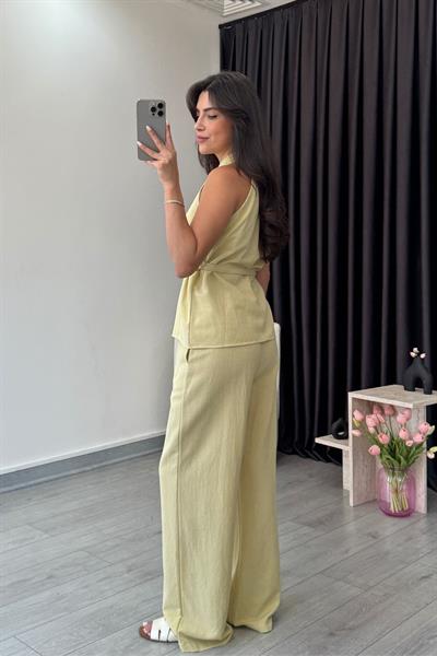 Zely Sarı Kruvaze Keten Dokulu Takım