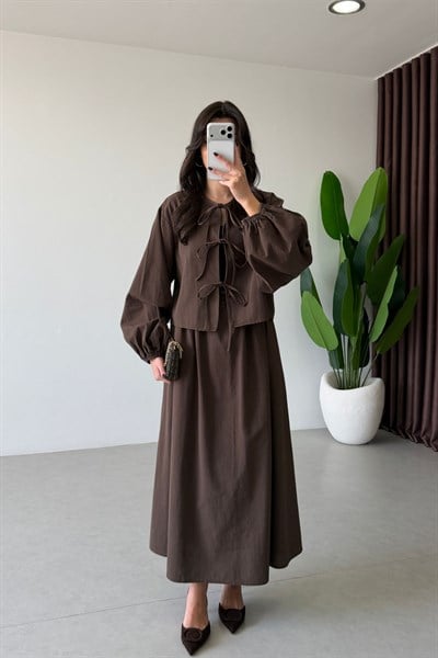 Zeri Kahve Keten Kimono Etek Takım