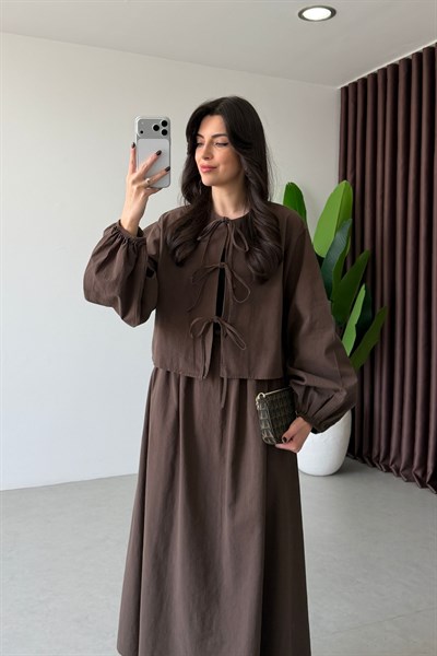 Zeri Kahve Keten Kimono Etek Takım