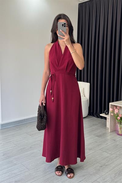 Zoe Bordo Keten Kruvaze Yaka Elbise