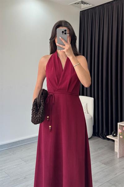 Zoe Bordo Keten Kruvaze Yaka Elbise