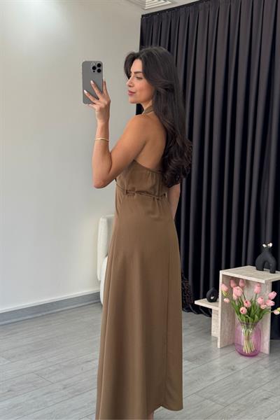 Zoe Kahve Keten Kruvaze Yaka Elbise