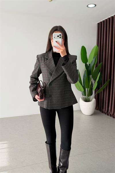 Zoey Antrasit Çizgili Kruvaze Blazer