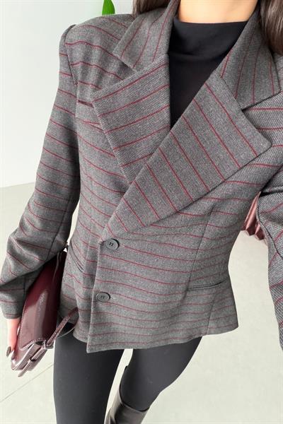 Zoey Antrasit Çizgili Kruvaze Blazer