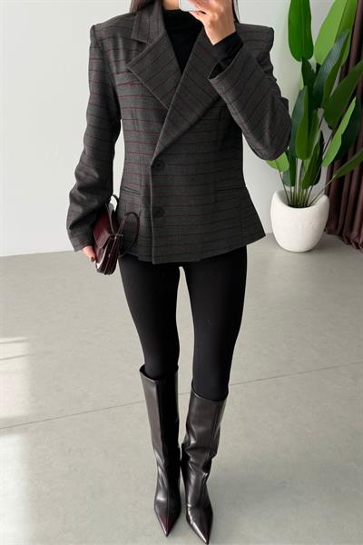Zoey Antrasit Çizgili Kruvaze Blazer