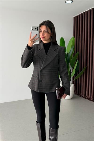 Zoey Antrasit Çizgili Kruvaze Blazer