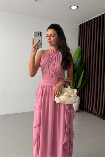 Zoey Pembe Fırfırlı Şifon Elbise