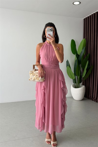 Zoey Pembe Fırfırlı Şifon Elbise