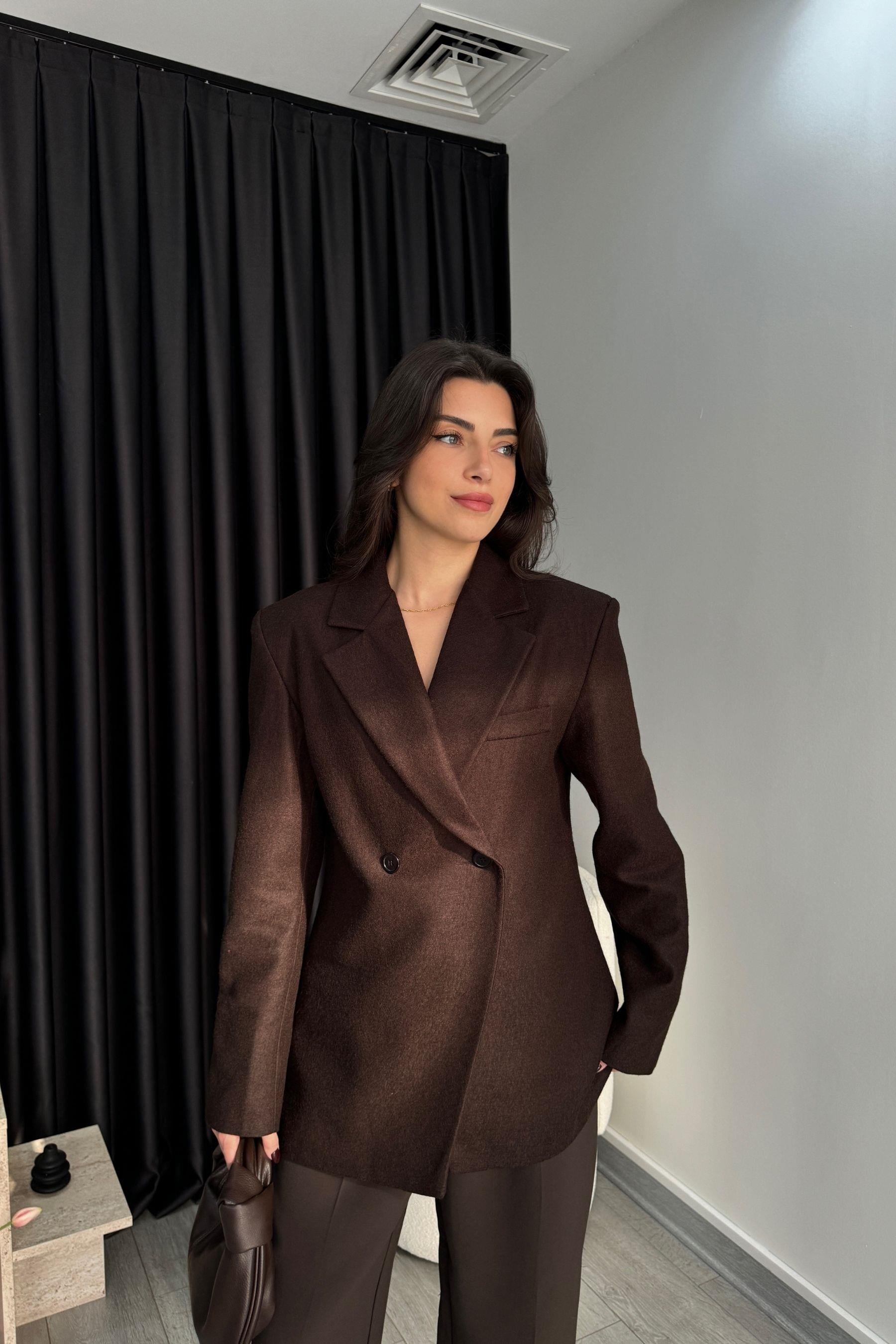 Acı Kahve Kruvaze İnce Kaşe Blazer Ceket