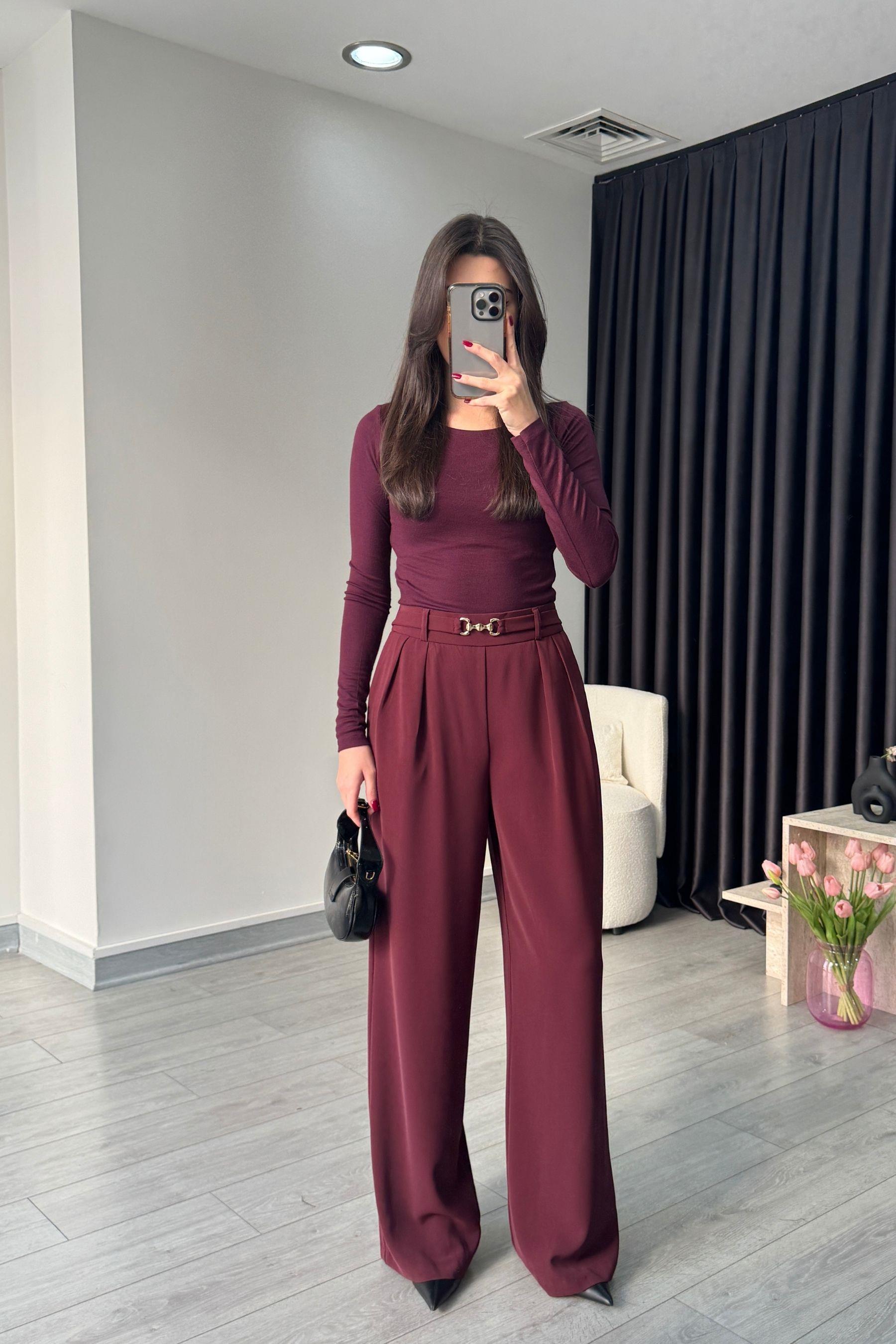 Afra Bordo Kemerli Palazzo Pantolon