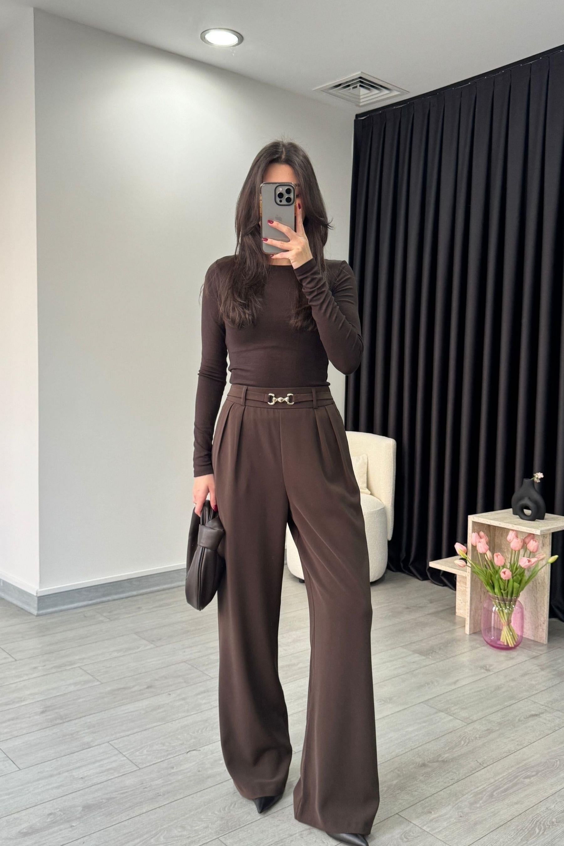 Afra Kahve Kemerli Palazzo Pantolon