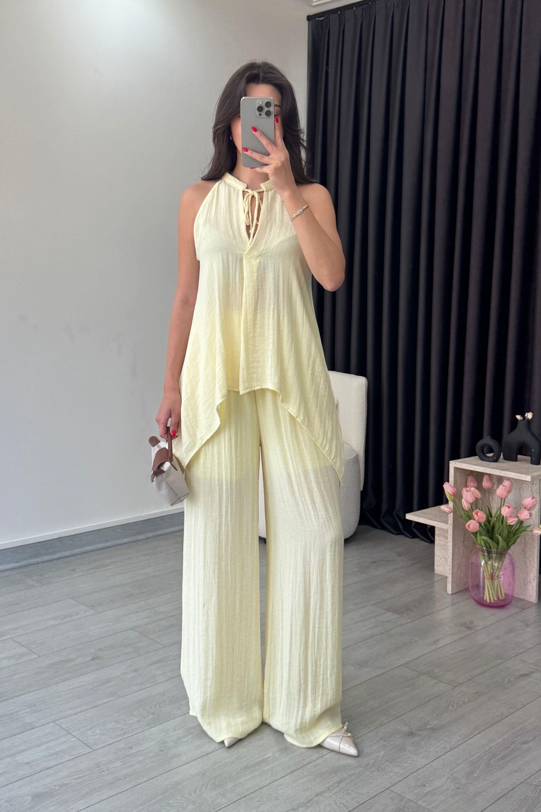 Alya Sarı Asimetrik Bluz Pantolon Takım