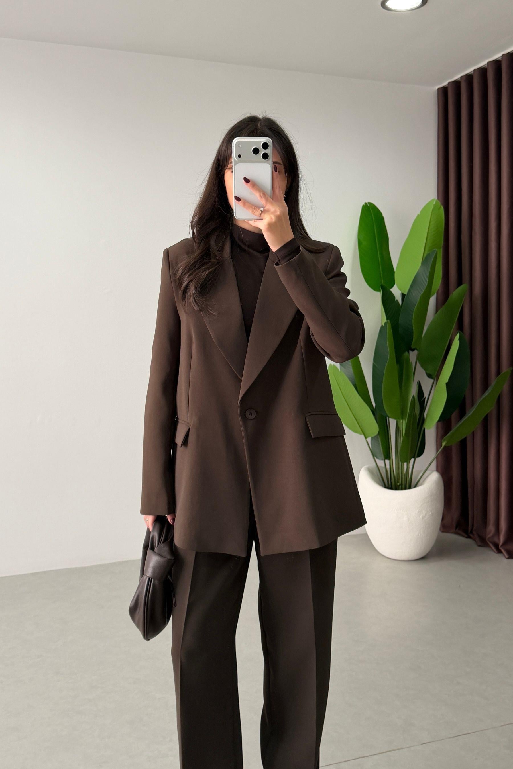 Apeva Kahve Oversize Krep Kumaş Blazer