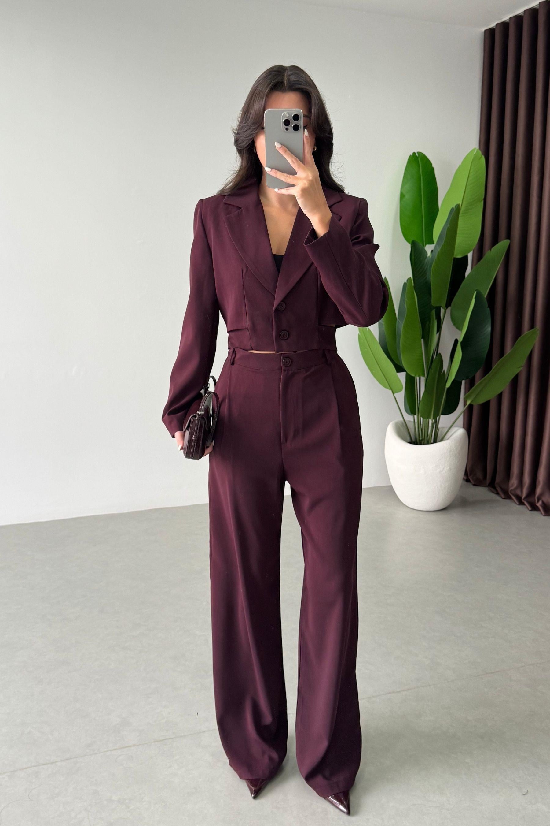 Ares Bordo Tasarım Crop Ceket Pantolon Takım