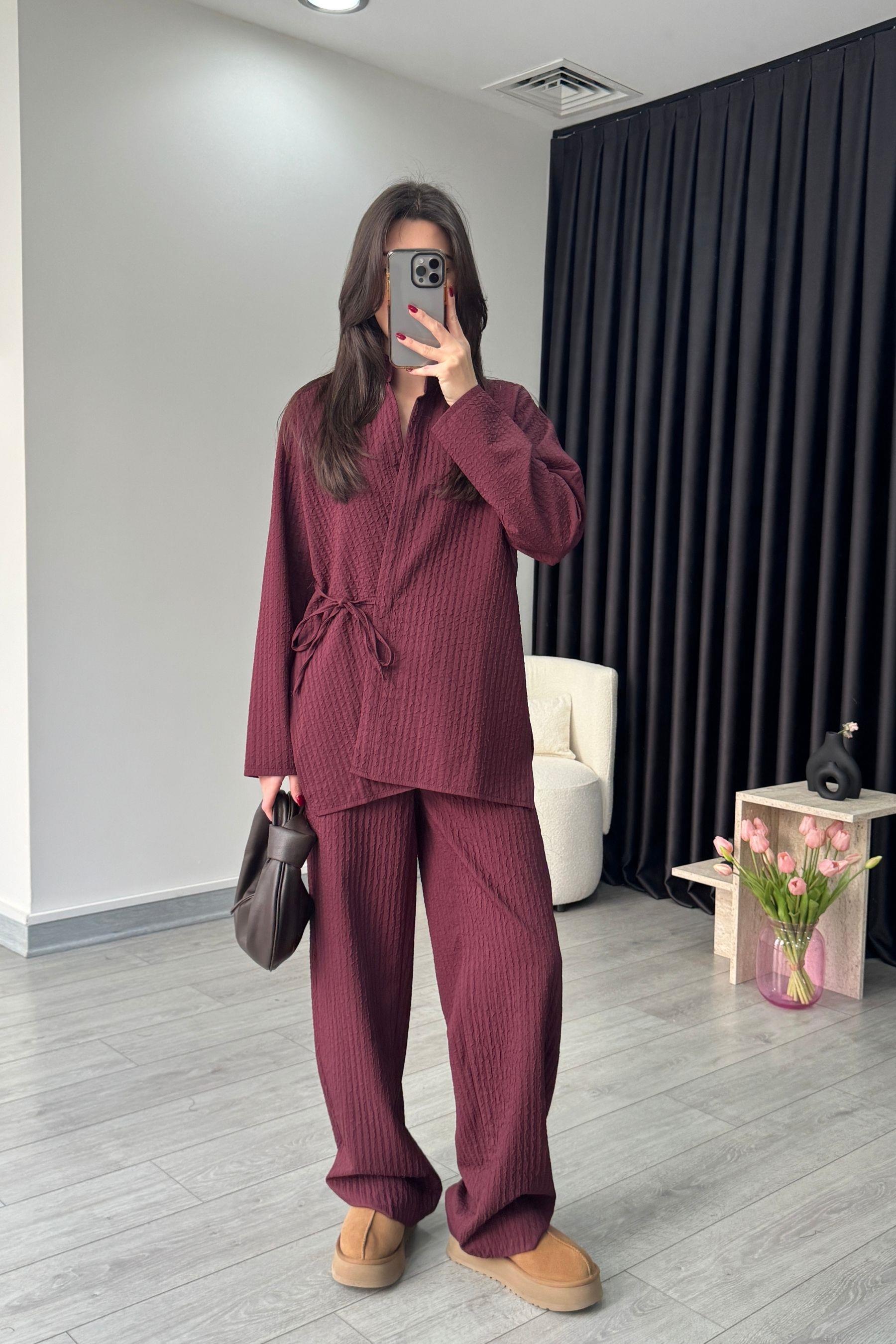 Bağlama Detaylı Bordo Kimono Takım