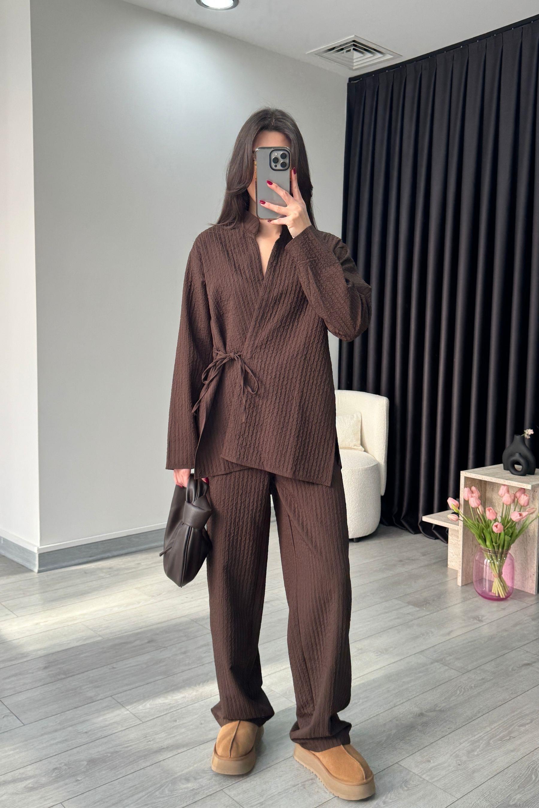 Bağlama Detaylı Kahve Kimono Takım