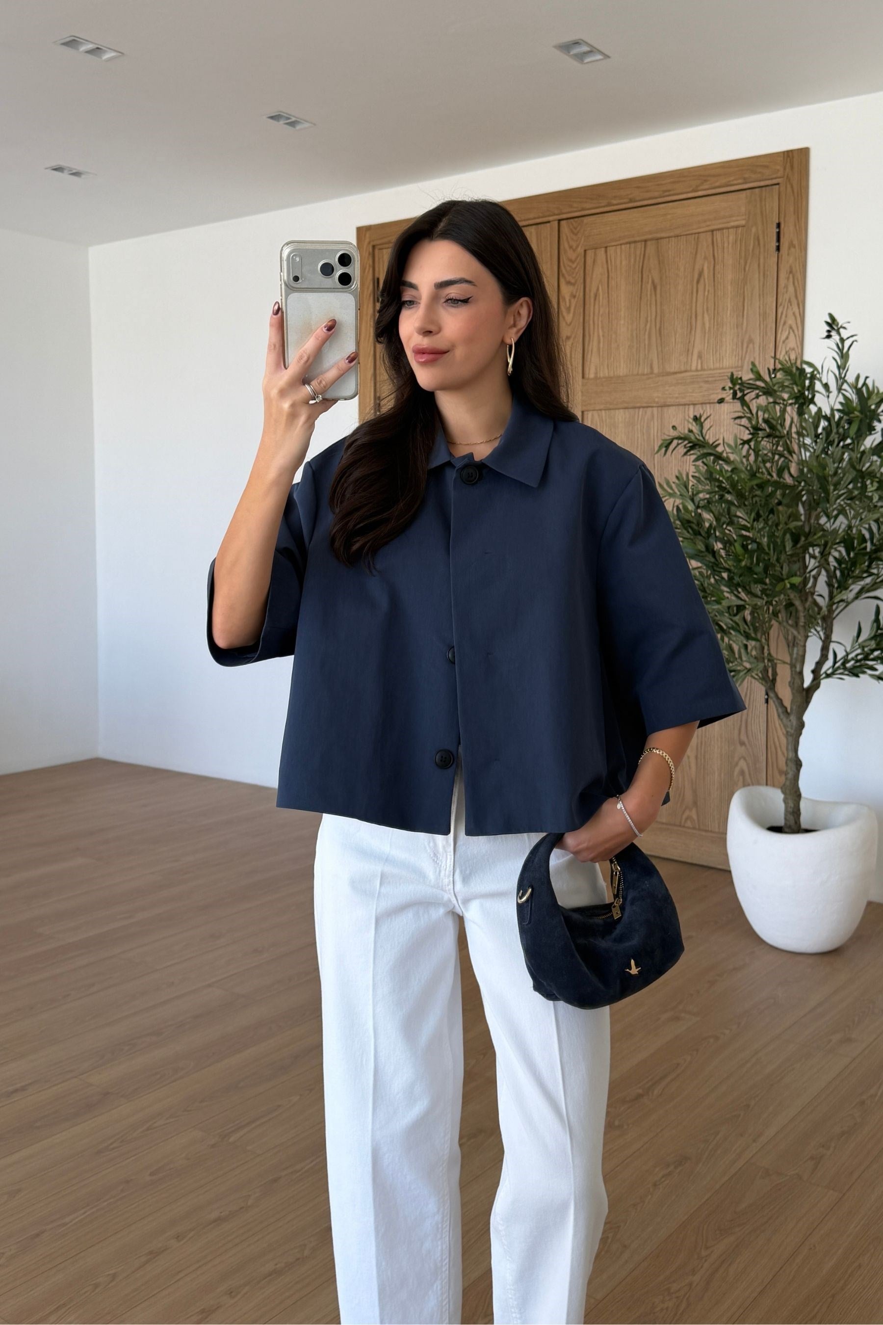 Berry Lacivert Oversize Crop Ceket
