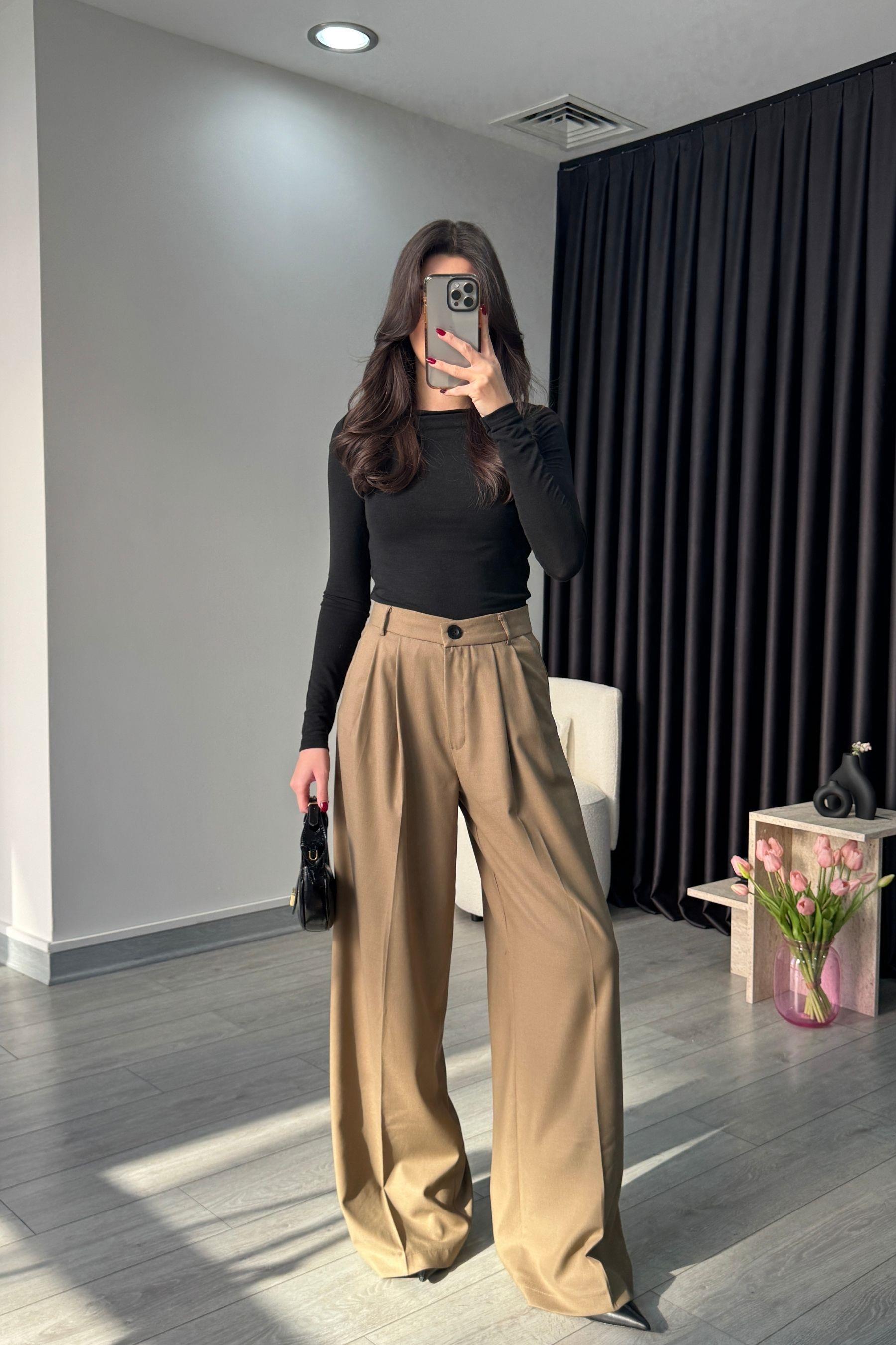 Bona Çift Piliseli Camel Palazzo Pantolon